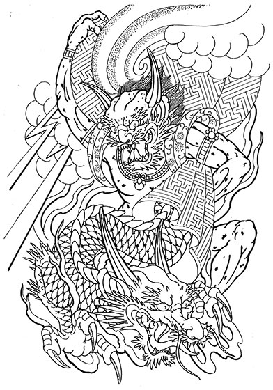 LUCKY ROUND TATTOOの龍に乗る風神のタトゥーデザイン